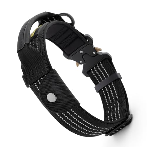 Plutus Pet Taktisches Hundehalsband mit Tracker-Paket für AirTag, verstellbares reflektierendes Nylonhalsband, Metallschnalle, mit Leder umwickelter Griff, weich gepolstert für mittelgroße und große Plutus Pet Taktisches Hundehalsband mit Tracker-Paket für AirTag, verstellbares reflektierendes Nylonhalsband, Metallschnalle, mit Leder umwickelter Griff, weich gepolstert für mittelgroße und große von PLUTUS PET