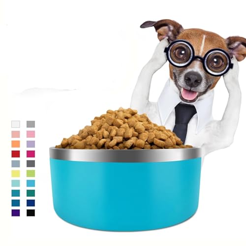 Hundenapf für Futter und Wasser, Edelstahl, 1,8 l, langlebig, rutschfest, isoliert, strapazierfähig, mit Gummi-Unterseite, für mittelgroße und große Hunde (8 Tassen, Gelb) (Hellblau, 1,2 l von PMVRTHQV