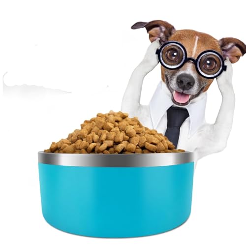 Hundenapf für Futter und Wasser, Edelstahl, 1,8 l, langlebig, rutschfest, isoliert, strapazierfähig, mit Gummi-Unterseite, für mittelgroße und große Hunde (8 Tassen, Gelb) (Hellblau, 1,8 l von PMVRTHQV