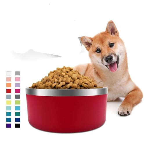 Hundenapf für Futter und Wasser, Edelstahl, 1,8 l, langlebig, rutschfest, isoliert, strapazierfähig, mit Gummi-Unterseite, für mittelgroße und große Hunde (8 Tassen, Gelb) (Rot, 1,8 l) von PMVRTHQV
