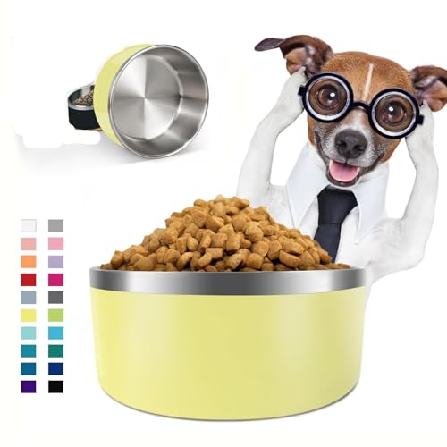 Hundenapf für Futter und Wasser, Edelstahl, 1,8 l, langlebig, rutschfest, isoliert, strapazierfähig, mit Gummiunterseite, für mittelgroße und große Hunde (8 Tassen, Gelb) (Gelb, 1,2 l) von PMVRTHQV