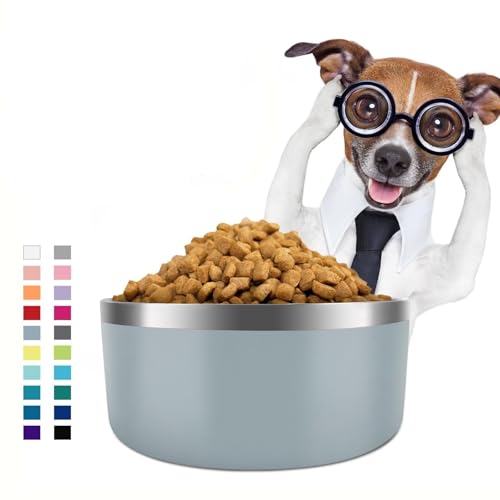 Hundenapf für Futter und Wasser, Edelstahl, 1,8 l, langlebig, rutschfest, isoliert, strapazierfähig, mit Gummiunterseite, für mittelgroße und große Hunde (8 Tassen, Gelb) (Hellgrau, 1,2 l von PMVRTHQV
