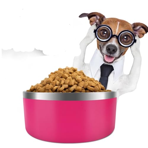Hundenapf für Futter und Wasser, Edelstahl, 1,8 l, langlebig, rutschfest, isoliert, strapazierfähig, mit Gummiunterseite, für mittelgroße und große Hunde (8 Tassen, Gelb) (Rosarot, 1,8 l) von PMVRTHQV