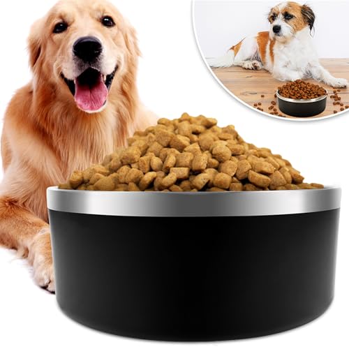 Hundenapf für Futter und Wasser, Edelstahl, 1,8 l, langlebig, rutschfest, isoliert, strapazierfähig, mit Gummiunterseite, für mittelgroße und große Hunde (8 Tassen, Gelb) (Schwarz, 1,2 l) von PMVRTHQV