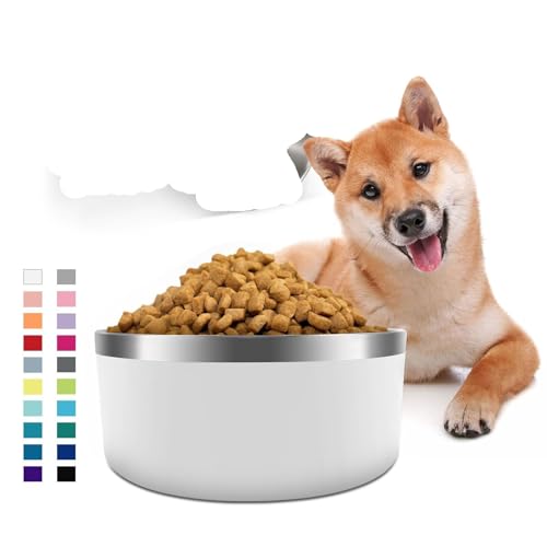 Hundenapf für Futter und Wasser, Edelstahl, 1,8 l, langlebig, rutschfest, isoliert, strapazierfähig, mit Gummiunterseite, für mittelgroße und große Hunde (8 Tassen, Gelb) (Weiß, 1,2 l) von PMVRTHQV