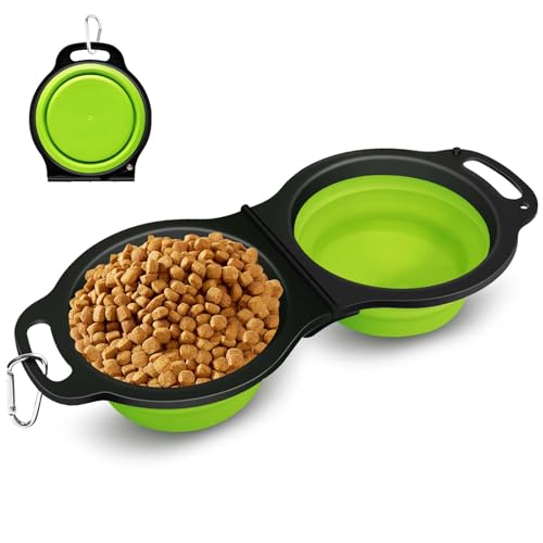 PNEUICALLY Zusammenklappbarer Silikon-Reisenapf für Katzen und Hunde, 2-in-1, faltbarer Futternapf für Haustiere, zum Spazierengehen, Camping, Wandern, mit Karabiner, Grün von PNEUICALLY
