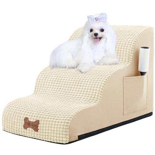 Hundetreppe für kleine Hunde, breite Haustierstufe mit abnehmbarem Bezug, keine Montage, hochdichter Schaumstoff-Katzenrampe für Bett oder Sofa, 3-stufig, Beige von POCBLUE
