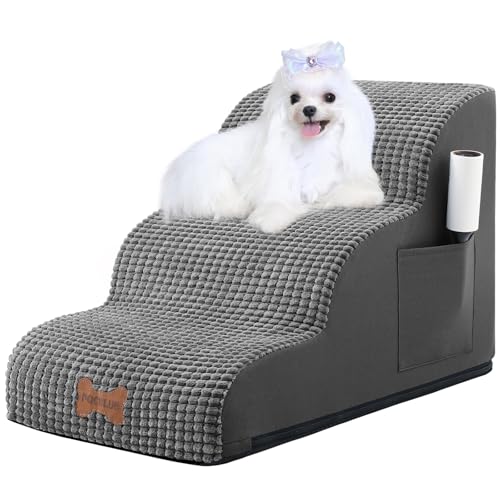 Hundetreppe für kleine Hunde, breite Haustierstufe mit abnehmbarem Bezug, keine Montage, hochdichter Schaumstoff-Katzenrampe für Bett oder Sofa, 3-stufig, Dunkelgrau von POCBLUE