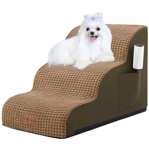 Hundetreppe für kleine Hunde, breite Haustierstufe mit abnehmbarem Bezug, keine Montage, hochdichter Schaumstoff-Katzenrampe für Bett oder Sofa, 3-stufig, Hellbraun von POCBLUE