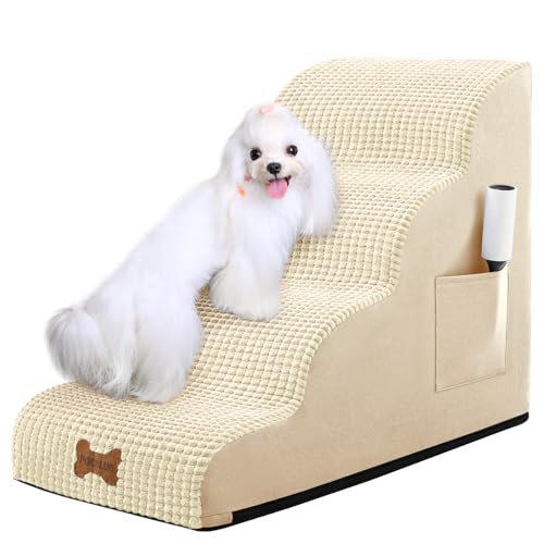 Hundetreppe für kleine Hunde, breite Haustierstufe mit abnehmbarem Bezug, keine Montage, hochdichter Schaumstoff-Katzenrampe für Bett oder Sofa, 4-stufig, Beige von POCBLUE