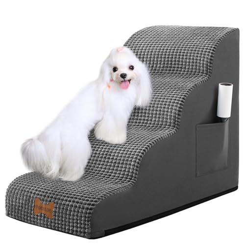 Hundetreppe für kleine Hunde, breite Haustierstufe mit abnehmbarem Bezug, keine Montage, hochdichter Schaumstoff-Katzenrampe für Bett oder Sofa, 4-stufig, Dunkelgrau von POCBLUE