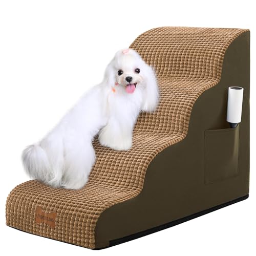 Hundetreppe für kleine Hunde, breite Haustierstufe mit abnehmbarem Bezug, keine Montage, hochdichter Schaumstoff-Katzenrampe für Bett oder Sofa, 4-stufig, Hellbraun von POCBLUE