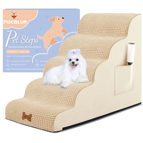 Hundetreppe für kleine Hunde, breite Haustierstufe mit abnehmbarem Bezug, keine Montage, hochdichter Schaumstoff-Katzenrampe für Bett oder Sofa, 5-stufig, Beige von POCBLUE