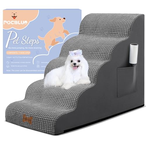 Hundetreppe für kleine Hunde, breite Haustierstufe mit abnehmbarem Bezug, keine Montage, hochdichter Schaumstoff-Katzenrampe für Bett oder Sofa, 5-stufig, Dunkelgrau Hundetreppe für kleine Hunde, breite Haustierstufe mit abnehmbarem Bezug, keine Montage, hochdichter Schaumstoff-Katzenrampe für Bett oder Sofa, 5-stufig, Dunkelgrau von POCBLUE