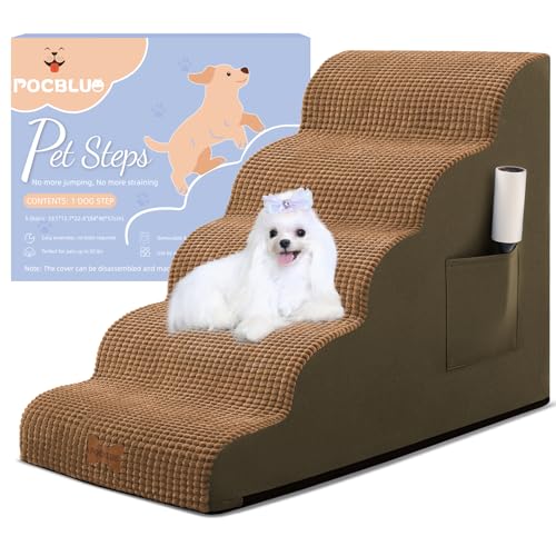Hundetreppe für kleine Hunde, breite Haustierstufe mit abnehmbarem Bezug, keine Montage, hochdichter Schaumstoff-Katzenrampe für Bett oder Sofa, 5-stufig, Hellbraun Hundetreppe für kleine Hunde, breite Haustierstufe mit abnehmbarem Bezug, keine Montage, hochdichter Schaumstoff-Katzenrampe für Bett oder Sofa, 5-stufig, Hellbraun von POCBLUE