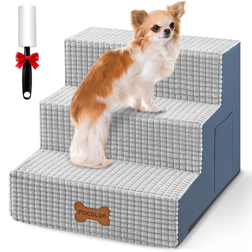 POCBLUE Hundetreppe für kleine Hunde und Katzen, 33,8 cm hoch, 3-stufige Haustierstufe für Hochbett oder Couch, rutschfeste, ausgewogene Haustierrampe für den Innenbereich mit hochdichtem Schaumstoff von POCBLUE