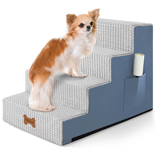 POCBLUE Hundetreppe für kleine Hunde und Katzen, 45 cm H, 4-stufige Haustierstufe für Hochbett oder Couch, rutschfeste ausgewogene Haustierrampe innen mit hochdichtem Schaumstoff und waschbarem Bezug von POCBLUE