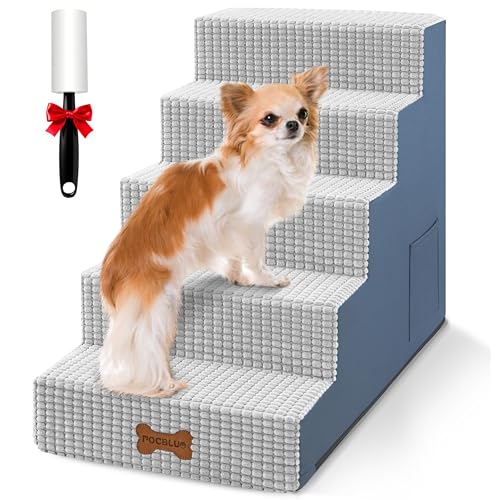 POCBLUE Hundetreppe für kleine Hunde und Katzen, 55,9 cm hoch, 5-stufige Haustierstufe für Hochbett oder Couch, rutschfeste, ausgewogene Haustierrampe für den Innenbereich mit hochdichtem Schaumstoff von POCBLUE
