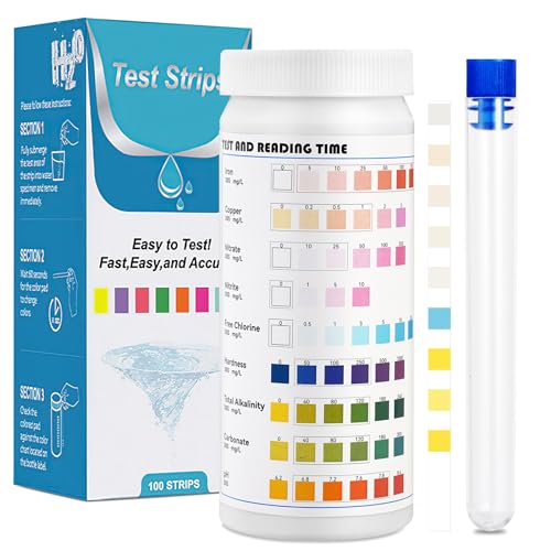 9 In 1 Teststreifen Aquarium, 100 Stück Aquarium Wassertest, Aquarium Teststreifen zum Testen von Eisen, Kupfer, Nitrat, Nitrit, Chlor, Gesamthärte, Gesamtalkalität, Karbonat, PH von POFIBO