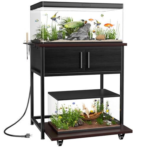Aquarium-Ständer mit Steckdose und Aufbewahrungsschrank, Aquarium-Ständer mit herausziehbarem Aquariumregal, robuster Metallrahmen und wasserdichtem Holz, 80 cm L x 40 cm B, 350 kg Kapazität von POKIPO