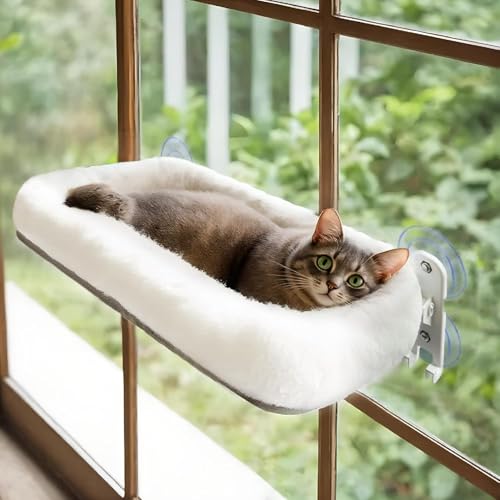 Kabellose Katzenfensterstange, Faltbare Katzenfensterhängematte, 4 Starke Saugnäpfe, Massiver Metallrahmen, Patentiertes Haken-Design (Kissen Weiß L) von POMESEA