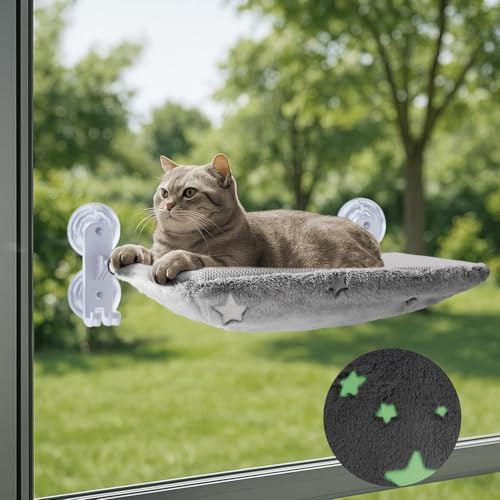Kabelloser Katzensitz am Fenster für große Katzen, Leuchtender Katzensack am Fenster mit Haken-Design, einfach zusammenzubauen, Faltbarer Fenstersitz für Katzen im Innenbereich, Grau XXL von POMESEA