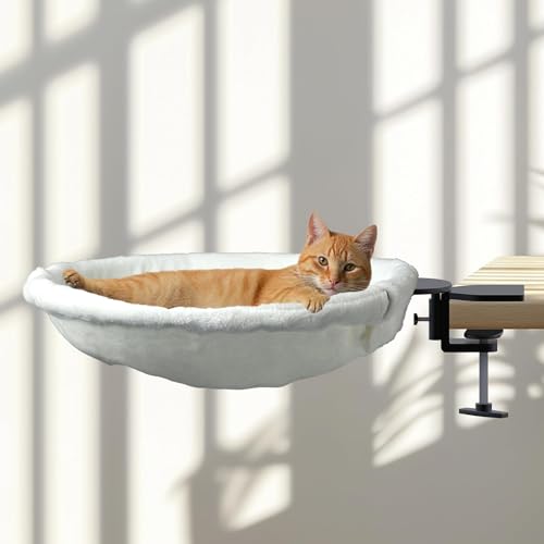 Verstellbares Katzenbett für den Schreibtisch, Tragkraft bis 22 kg, Stabiler Metallrahmen mit sicherer Klemme, Abnehmbarer Flauschiger Bezug, Ideal für Homeoffice oder Gaming-Tisch, Weiß, XL von POMESEA