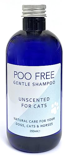 99% Natürliches Shampoo - FÜR Katzen - OHNE PARFÜM für EMPFINDLICHE KATZEN-250 ml - von POO FREE - Ohne Sulfat, Ohne Silikon, Ohne Parabene. Konzentriert, Beruhigt, Hydratisiert, Lindert Juckreiz. von POO FREE