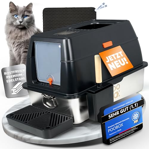POOBOX® Katzenklo Premium-Edelstahl [geschlossen] – Katzentoilette mit Deckel, groß, geruchsfrei & hygienisch | Toilette inkl. Schaufel und Matte | für kleine & große Katzen | XXL Cat Litter Box von POOBOX