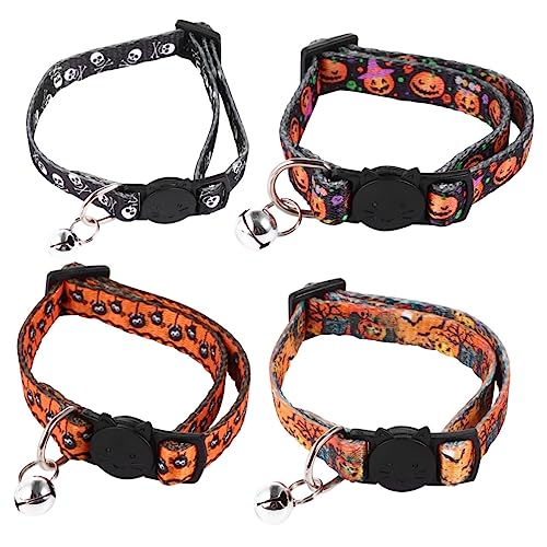 POPETPOP 4stücke Teiliges Verstellbare Halloween Haustierkragen Mit Glocken Kürbis Und Schädel Druck Für Hunde Und Katzen Zufällige Designs Für Festliche Anlässe von POPETPOP