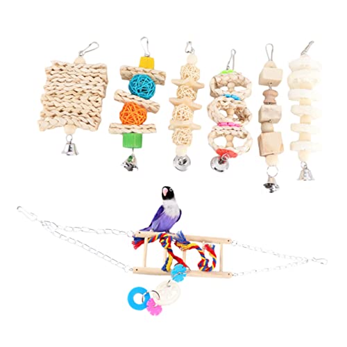 POPETPOP Papageien-Spielzeug-Set 7-teilig Papageien-Spielzeug Rattan-schaukel Vogel-beißspielzeug Hängebrücke Für Nymphensittiche von POPETPOP