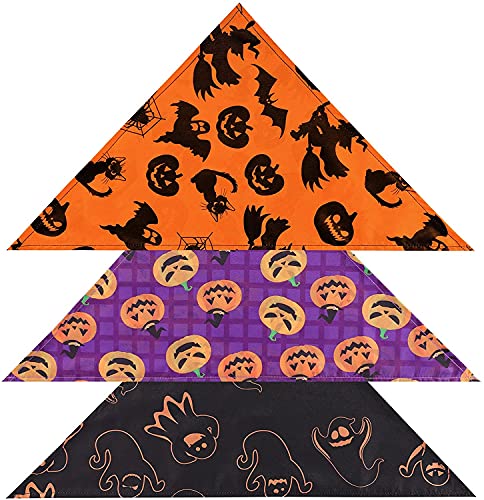 Hund Halloween Bandana 3 Pack, Reversible Bandanas Tücher Dreieck Lätzchen für kleine mittlere große Hunde Haustier, Kürbis, Geist, Muster von POPETPOP