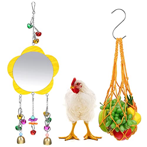 POPETPOP Huhn Feeder Net Bag - Huhn Spiegel Spielzeug mit Glocken Huhn Gemüse String Bag Geflügel Obst Halter mit Haken Geflügel Futterspender für Hühner Enten Gans von POPETPOP