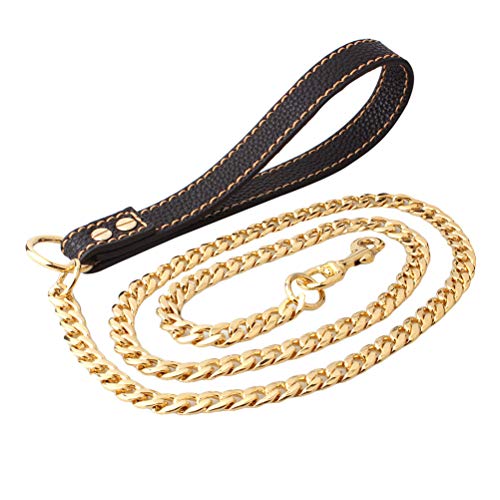 POPETPOP Hundeleine Golden Metal Long Gold Edelstahl Chew Proof Unzerstörbar Cool Leine Chain Link für Pet Durable mit Ledergriff von POPETPOP