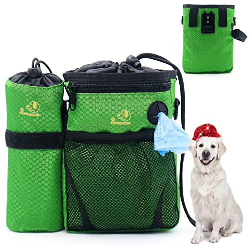 Leckerli-Tasche für Hundetraining, Leckerli-Tasche für Haustiere, mit verstellbarem Hüftgurt-Clip, Schultergurt und Kotbeutelspender, abnehmbarer Wasserflaschenhalter, 3 Tragemöglichkeiten (grün) von POPMISOLER