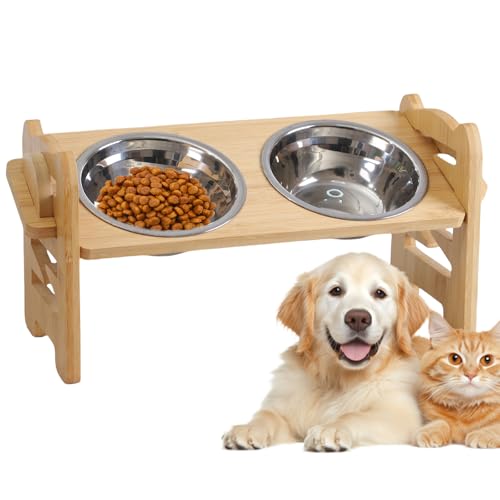 Erhöhte Hundenapf, Einstellbar ErhöhterFutternapf für Hunde und Katzen, Erhöht Hundenapfständer aus Holz mit 2 Edelstahl Fressnapf, Erhöhte Hundenäpfe, Futternapf Hunde für Kleine Medium Haustier von PORFOYO