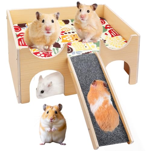 Groß Meerschweinchen Haus, Meerschweinchen Versteck, Meerschweinchenhaus Mit Treppe Und Matten, Hamster Haus Holz Meerschweinchen Zubehoer Mit Rampe 4 Eingänge Für Hamster, Rennmäuse, Kleine Haustiere von PORFOYO