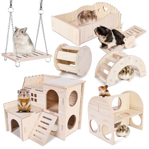 Hamster Spielzeug Haus Hamsterkäfig Zubehör: 7 Stück DIY Holz Hamster Kauspielzeug, Meerschweinchen Spielzeug Hamsterrad Brücke Schaukel Hamster Haus für Rennmäuse Ratten Zwerghamster Chinchilla Hamster Spielzeug Haus Hamsterkäfig Zubehör: 7 Stück DIY Holz Hamster Kauspielzeug, Meerschweinchen Spielzeug Hamsterrad Brücke Schaukel Hamster Haus für Rennmäuse Ratten Zwerghamster Chinchilla von PORFOYO