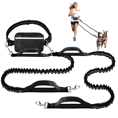 Joggingleine Für 2 Hunde Mit Bauchgurt, Freihändig Laufleine für Hunde, Bauchgurt Hundeleine, Doppelleine Freihändige eleine Mit Reißverschlusstasche Für Dog Leash Für Laufen,Schwarzes Gold von PORFOYO