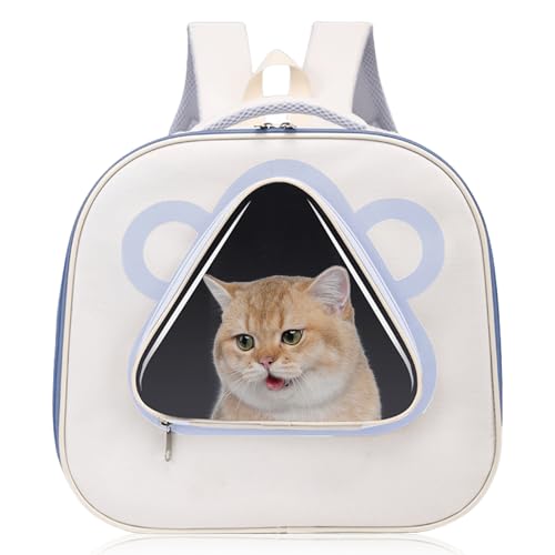 Katzenrucksack, Klare Haustier Kapseltasche Im Freien, Katzen Rucksack Träger, Atmungsaktive Haustier Rucksack Mit Netzfenster, 35 * 32 * 3 cm Für Katzen Und Kleine Hunde Bis 15Kg(Blau) von PORFOYO