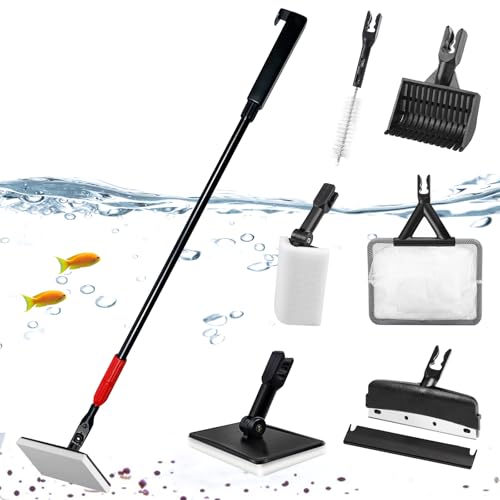 PORFOYO Aquarium Reinigungswerkzeuge, 6-in-1 Aquarium Reinigungsset Mit Abnehmbarer Stange, Fischnetz, Algenschaber, Schwammbürste, Sandrechen, Aquariums Reiniger Set Für Glas Fischbecken, Aquariums von PORFOYO