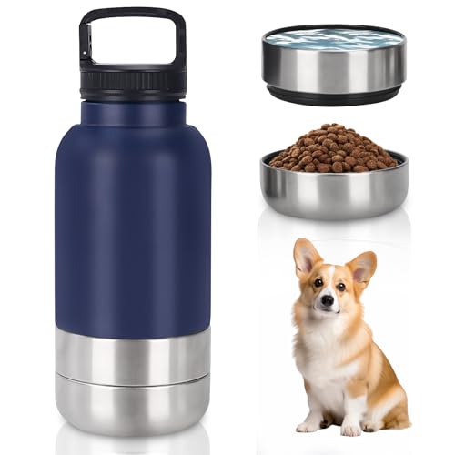 Trinkflasche Hunde für Unterwegs, 1000ml Hundetrinkflasche für Unterwegs, Wasserflasche Hund, Edelstahl Trinkflasche Hund mit Wassernapf und Futternapf, Hundezubehör für Spaziergang, BPA-Frei von PORFOYO