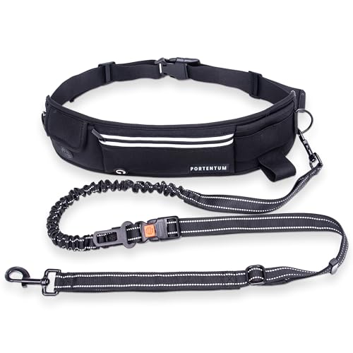 PORTENTUM Joggingleine Hunde - Freihändig, Laufen, Wandern, Anti-Stress, Gurtband, Reflektierend (Schwarz) von PORTENTUM