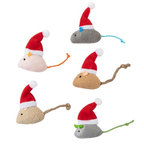 PORUPAEL 5 Stück Weihnachts Katzenminzen Spielzeug, Plüsch Katzenspielzeug Maus Set, Interaktives für Katzen und Kätzchen, Interaktives Katzen Maus Spielzeug mit Weihnachtsmannmütze von PORUPAEL