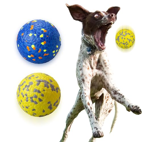 POUPUA Hunde-Tennisbälle für aggressive Kauer, unzerstörbare Hundebälle zum Apportieren, langlebig, federnd, leicht, schwimmendes Spielzeug (1 blau + 1 gelb, groß (7,6 cm Durchmesser) von POUPUA