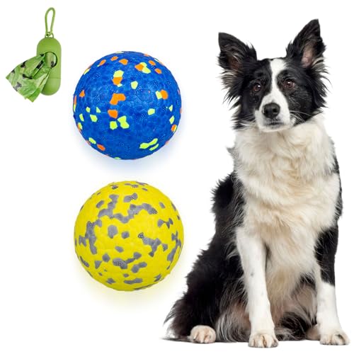 POUPUA Hunde-Tennisbälle für aggressive Kauer, unzerstörbare Hundebälle zum Apportieren, langlebig, federnd, leicht, schwimmendes Spielzeug (1 blau + 1 gelb, groß (7,6 cm Durchmesser) von POUPUA