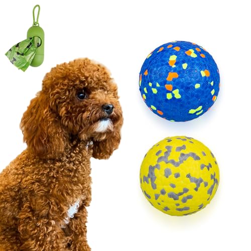 POUPUA Hunde-Tennisbälle für aggressive Kauer, unzerstörbare Hundebälle zum Apportieren, langlebig, federnd, leicht, schwimmendes Spielzeug (1 blau + 1 gelb, klein (6,3 cm Durchmesser) von POUPUA