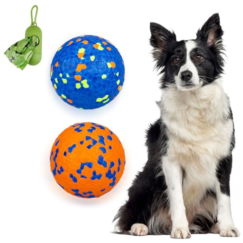 POUPUA Hunde-Tennisbälle für aggressive Kauer, unzerstörbare Hundebälle zum Apportieren, langlebig, federnd, leicht, schwimmendes Spielzeug (1 blau + 1 orange, groß (7,6 cm Durchmesser) von POUPUA