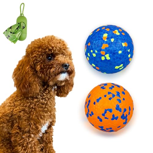 POUPUA Hunde-Tennisbälle für aggressive Kauer, unzerstörbare Hundebälle zum Apportieren, langlebig, federnd, leicht, schwimmendes Spielzeug (1 blau + 1 orange, klein (6,3 cm Durchmesser) von POUPUA