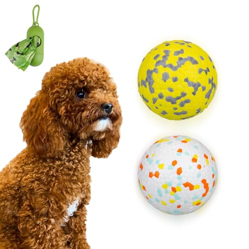 POUPUA Hunde-Tennisbälle für aggressive Kauer, unzerstörbare Hundebälle zum Apportieren, langlebig, federnd, leicht, schwimmendes Spielzeug (1 weiß + 1 gelb, klein (6,3 cm Durchmesser) von POUPUA
